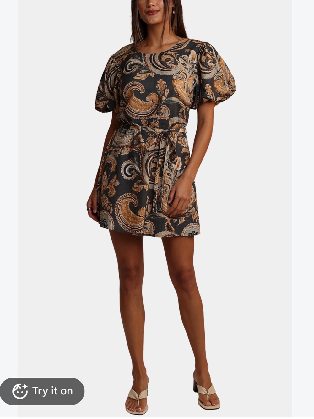 Shore Paisley Tie-Waist Mini Dress in Blue and Gold